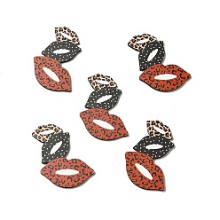 Red Single Face Printed Aspen Wood Big Pendants, 3 Lips with Polka Dot & Leopard Print Charm, Red, 60.5x46.5x2.5mm, Hole: 1.8mm