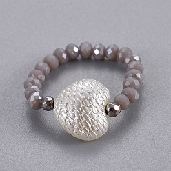 Gray Electroplate Glass Stretch Rings, with Synthetic Hematite and Opaque ABS Plastic Imitation Pearl, Heart, Gray, Size 8, 18mm
