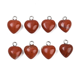 Красный Камень Подвески из натуральной красной яшмы, с петлями из латуни платинового цвета, сердце, 13x10x5~6 мм, отверстие : 2 мм