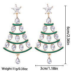 Рождественская елка Рождественские серьги-гвоздики из сплава, с эмалью и горный хрусталь, золотые, рождественская елка, 60x30 мм