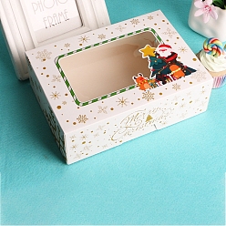 White Rectangle Paper Bakery Bakery Boxes with Window, Christmas Theme Gift Box, for Mini Cake, Cupcake, Cookie Packing, White, 210x150x70mm