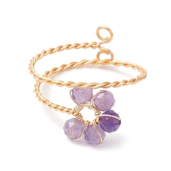 Аметист Регулируемые кольца с натуральным аметистом и цветком, женские кольца из медной проволоки, внутренний диаметр: 20 мм