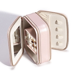 Pink PU Leather Jewelry Box, with Velvet inside, Travel Portable Jewelry Case, Zipper Storage Boxes, for Necklaces, Rings, Earrings and Pendants, Rectangle, Pink, 11x8.5x5cm