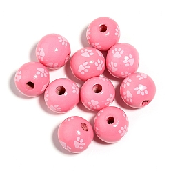 Ярко-Розовый Древесина европейского бисера, круглые, отпечаток лапы, ярко-розовый, 16 мм, отверстие : 4 мм, 10 шт / комплект.