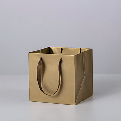 Dark Goldenrod Solid Color Kraft Paper Gift Bags with Ribbon Handles, for Birthday Wedding Christmas Party Shopping Bags, Square, Dark Goldenrod, 15x15x15cm