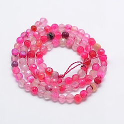 Hot Pink Natural Agate Round Beads Strand, Dyed, Faceted, Hot Pink, 4mm, Hole: 0.9mm, about 92pcs/strand, 14.5 inch