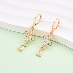 Прозрачный Серьги с подвесками на защелке из латуни с микропаве и фианитами, долговечный, цветок, золотые, прозрачные, 40x11.5 мм