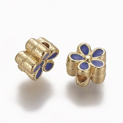 Blue Brass Enamel Beads, Long-Lasting Plated, Flower, Real 18K Gold Plated, Blue, 7x3.3mm, Hole: 1.6mm