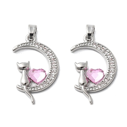 Pink Латунный микропаве кубический цирконий со стеклянными подвесками, без кадмия, без никеля и без свинца, луна и кошка и сердце, платина, розовые, 26.5x16x3 мм, отверстие : 4x2.5 мм