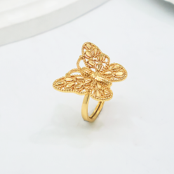 Настоящее золото 18K Регулируемые латунные кольца для женщин, полый бабочки, реальный 18 k позолоченный, 16 mm ~ 20 mm
