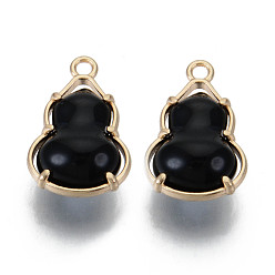 Black Glass Pendants, with Alloy Open Back Settings, Cadmium Free & Nickel Free & Lead Free, Gourd, Light Gold, Black, 18.5x11.5x7mm, Hole: 1.6mm
