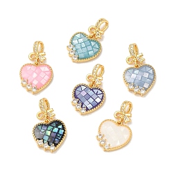 Mixed Color Rack Plating Brass Enamel Micro Pave Clear Cubic Zirconia Pendants, with Shell, Long-lasting Plated, Cadmium Free & Lead Free, Real 18K Gold Plated, Heart Charm, Mixed Color, 14x12.5x2.5mm, Hole: 3x2mm