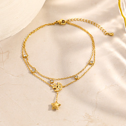 Настоящее золото 18K 304 Браслеты на лодыжку из нержавеющей стали с прозрачными кубическими циркониями и подвеской в виде луны и звезды, двухслойные, для женщин., реальный 18 k позолоченный, 8-1/4 дюйм (210 мм)