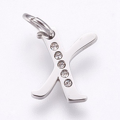 Letter X 304 Edelstahl Anhänger, mit Strass, Buchstabe, letter.x, 12x9.5x1.5 mm, Bohrung: 4 mm