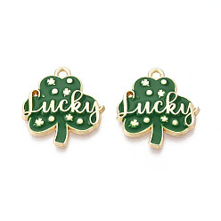 Зеленый Подвески из сплава с эмалью ко Дню Святого Патрика, клевер со словами-талисманами, золотые, без кадмия, без никеля и без свинца, зелёные, 21.5x20x2.8 мм, отверстие : 1.8 мм