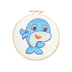 Dolphin Animal Theme DIY Display Decoration Punch Embroidery Beginner Kit, Including Punch Pen, Needles & Yarn, Cotton Fabric, Threader, Plastic Embroidery Hoop, Instruction Sheet, Dolphin, 155x155mm