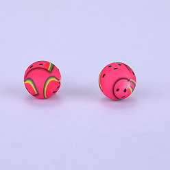 Medium Violet Red Printed Round with Watermelon Pattern Silicone Focal Beads, Medium Violet Red, 15x15mm, Hole: 2mm