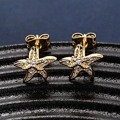 Морская звезда Латунные серьги из микро-паве прозрачного кубического циркония, реальный 18 k позолоченный, морская звезда, 9x10.5 мм