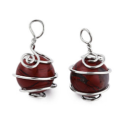 Red Jasper Natural Red Jasper Pendants, with Platinum Plated Brass Wire Wrapped, Round Charm, 28.5~34x18.5~20x17~19mm, Hole: 4~5.5mm