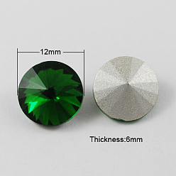 Green Glass Pointed Back Rhinestone, Rivoli Rhinestone, Back Plated, Cone, Green, 12x6mm