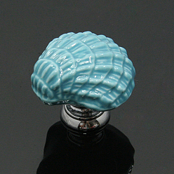 Deep Sky Blue Ceramic Drawer Knob, with Alloy Findings and Screws, Cabinet Pulls Handles for Drawer, Doorknob Accessories, Shell Shape, Deep Sky Blue, 31x31x29mm