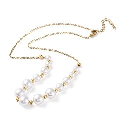 Golden Plastic Pearl Graduated Beaded Necklace, with PVD Vacuum Plating 304 Stainless Steel Cable Chains, Golden, 17.52 inch(44.5cm)