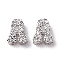 Letter A 925 Sterling Silver Micro Pave Cubic Zirconia Beads, Real Platinum Plated, Letter A, 9x7.5x3.5mm, Hole: 2.5x1.5mm