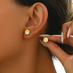 Настоящее золото 18K Элегантный римский стиль 304 плоские круглые серьги-гвоздики из нержавеющей стали, с четким кубического циркония, реальный 18 k позолоченный, 8 мм