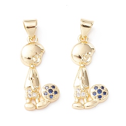 Настоящее золото 18K Подвески из латуни с микро паве темно-синий кубический цирконий, долговечный, без кадмия и без свинца, мальчик, реальный 18 k позолоченный, 27x11x3 мм, отверстие : 3.5x4.5 мм