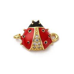 Настоящее золото 18K Шармы-соединители из латуни с микропаве из прозрачного кубического циркония, красные эмалевые божьи коровки, стойки покрытие, долговечный, без кадмия и без свинца, реальный 18 k позолоченный, 10.5x15.5x4.5 мм, отверстия : 1.6 mm и 1.4 мм