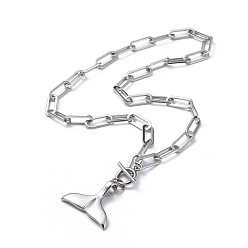 Stainless Steel Color Non-Tarnish Whale Tail 304 Stainless Steel Pendant Necklaces, with Paperclip Chains, Cable Chains, Stainless Steel Color, 17.9 inch(45.5cm)