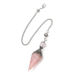 Cuarzo Rosa Péndulos de radiestesia con punta cónica de resina, con virutas de cuarzo rosa natural en el interior y componentes de aleación y cadena de hierro., 280~282 mm