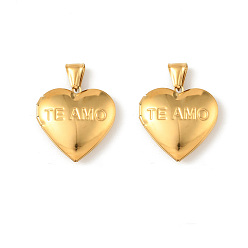 Real 20K Gold Plated 316 подвески из нержавеющей стали Locket, подвеска в виде сердца со словом "te amo", с 304 защелкой из нержавеющей стали на поручнях, долговечный, ионное покрытие (ip), реальный 20 k позолоченный, 28.5x28.5x7.5 мм, отверстие : 8.5x4.5 мм, внутренний диаметр: 21.5x20.5 мм