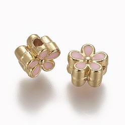 Pink Brass Enamel Beads, Long-Lasting Plated, Flower, Real 18K Gold Plated, Pink, 7x3.3mm, Hole: 1.6mm