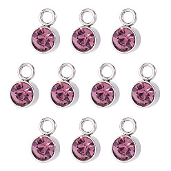 Свет Аметист 10 шт. подвески из стеклянных страз, очарование камня в июне, с цветным тоном нержавеющей стали 201 фурнитура из нержавеющей стали, плоско-круглые, светлый аметист, 10x6x5 мм, отверстие : 2 мм