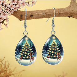 Зеленый Серьги-подвески из сплава и стекла, платина, каплевидный узор с рождественской елкой, зелёные, 45x18 мм