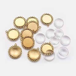 Античное Золото Поделки кулон решений, с тибетским стилем подвески кабошона и стеклянными кабошонами, без кадмия и без свинца, цветок, античное золото , 30x26x2 мм, отверстие: 3 мм, лоток: 20 мм, кабошон: 20x5 мм, 2 шт / комплект