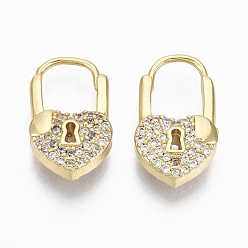 Real 18K Gold Plated Brass Micro Pave Clear Cubic Zirconia Huggie Hoop Earrings, Nickel Free, Heart Lock, Real 18K Gold Plated, 17.5x10x4.5mm, Pin: 0.8mm