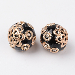 Черный Индонезийские бусины, круглые, ручная работа , с акриловыми и низколегированных сердечников, золотые, чёрные, 19x18 мм, отверстие : 1.5 мм