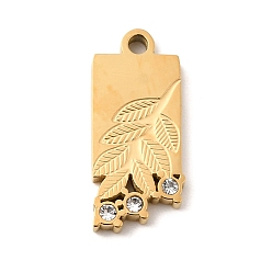 Настоящее золото 18K 304 подвески из нержавеющей стали, лист прелести, со стразами, ионное покрытие (ip), реальный 18 k позолоченный, 17x7.5x2 мм, отверстие : 1.5 мм