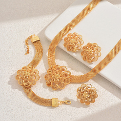 Золотой Комплекты из полых цветочных браслетов, серег, ожерелий и колец из сплава для женщин, золотые, ожерелья: 16.14 дюйм (41 см)