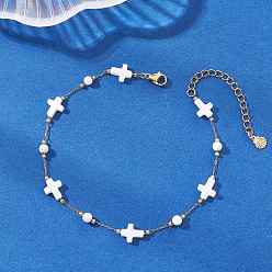 Cross Летние пляжные цепочки из натуральных белых ракушек на лодыжку, 304 женские украшения из нержавеющей стали, золотые, крестик, 9-1/8 дюйм (23.2 см)
