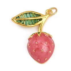 Клубника Латунь эмаль подвески, со стразами и прыгающим кольцом, золотые, фрукты очарование, клубника, 28x22x7 мм, отверстие : 3.4 мм