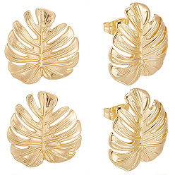Настоящее золото 18K 4 пары латунных сережек-гвоздиков, с петлей, лист, реальный 18 k позолоченный, 19x19 мм, отверстие : 1.2 мм, штифты : 11.5x0.8 мм