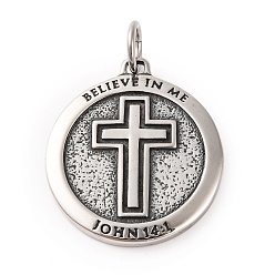 Античное Серебро 316 хирургические подвески из нержавеющей стали, с целью перехода в кольце, Плоская круглая подвеска с крестом и библейским стихом, античное серебро, 35.5x31.5x3.5 мм, отверстие : 6.5 мм