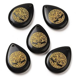 Обсидиан Подвески-капли из натурального обсидиана, подвески-слезинки с гравированным золотым деревом жизни, 33~33.5x24.5~25x7~7.5 мм, отверстие : 2 мм