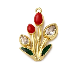 Красный Латунные микро проложить кубического циркония подвески, цветок, с эмалью, долговечный, стойки покрытие, без кадмия и без свинца, реальный 18 k позолоченный, красные, 25.5x18x3.5 мм, отверстие : 1.4 мм
