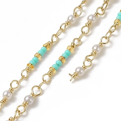 Aquamarine Handmade Plastic Imitation Pearl & Round Beaded Chains, with Rack Plating Golden Brass Findings, Unwelded, with Card Paper, Aquamarine, 17.5x2x2mm, 11~12x3x3mm