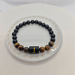 Letter J Браслеты из натурального тигрового глаза и черного обсидиана с круглыми бусинами, колонка с буквой украшения для женщин мужчин, буква J, 7-1/8 дюйм (18 см)