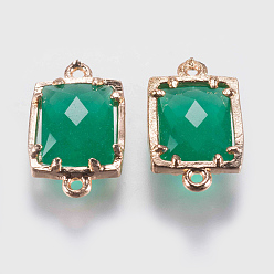 Зеленый Соединители стеклянные ссылки, с латунной найти, граненые, прямоугольные, золотые, зелёные, 15x9x4 мм, отверстие : 0.6 мм